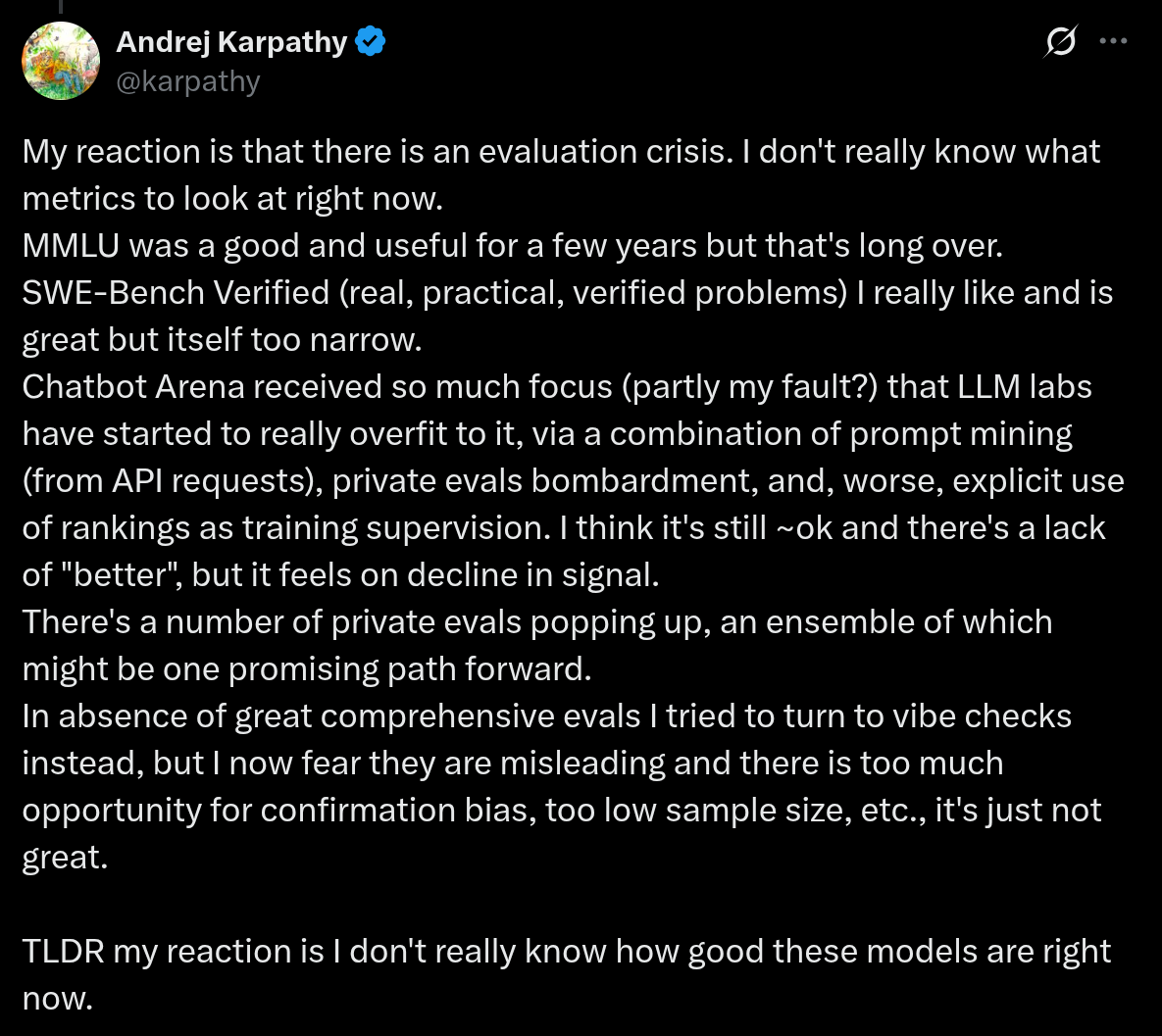 Andrej Karpathy 关于评估危机的讨论
