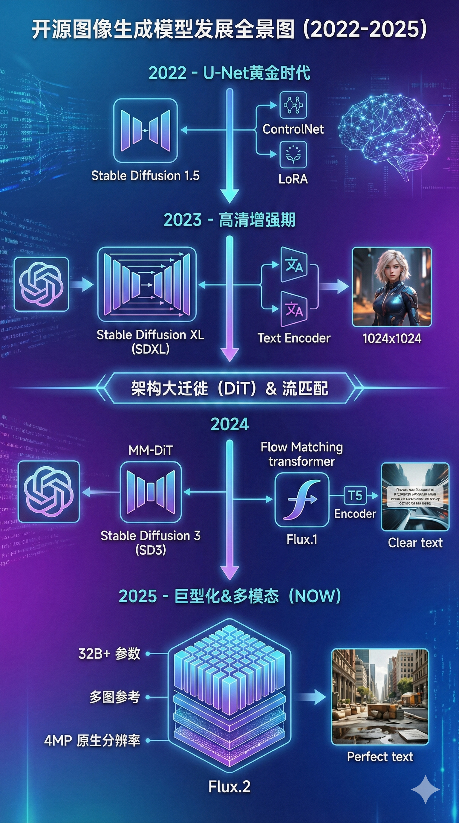 开源图像生成模型发展全景图（2022-2025），展示从 U-Net 黄金时代到 DiT 架构迁徙与流匹配范式的演进