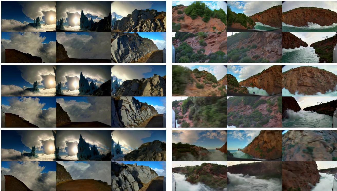 Cosmos 相机控制生成的 3D 场景：不同随机种子在相同相机轨迹下生成多样化但 3D 一致的世界