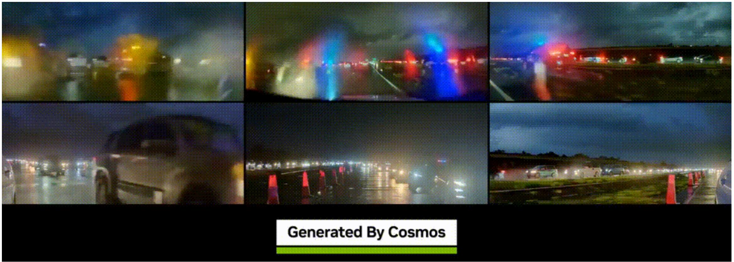 Cosmos 生成的自动驾驶场景视频：多视角夜间驾驶场景